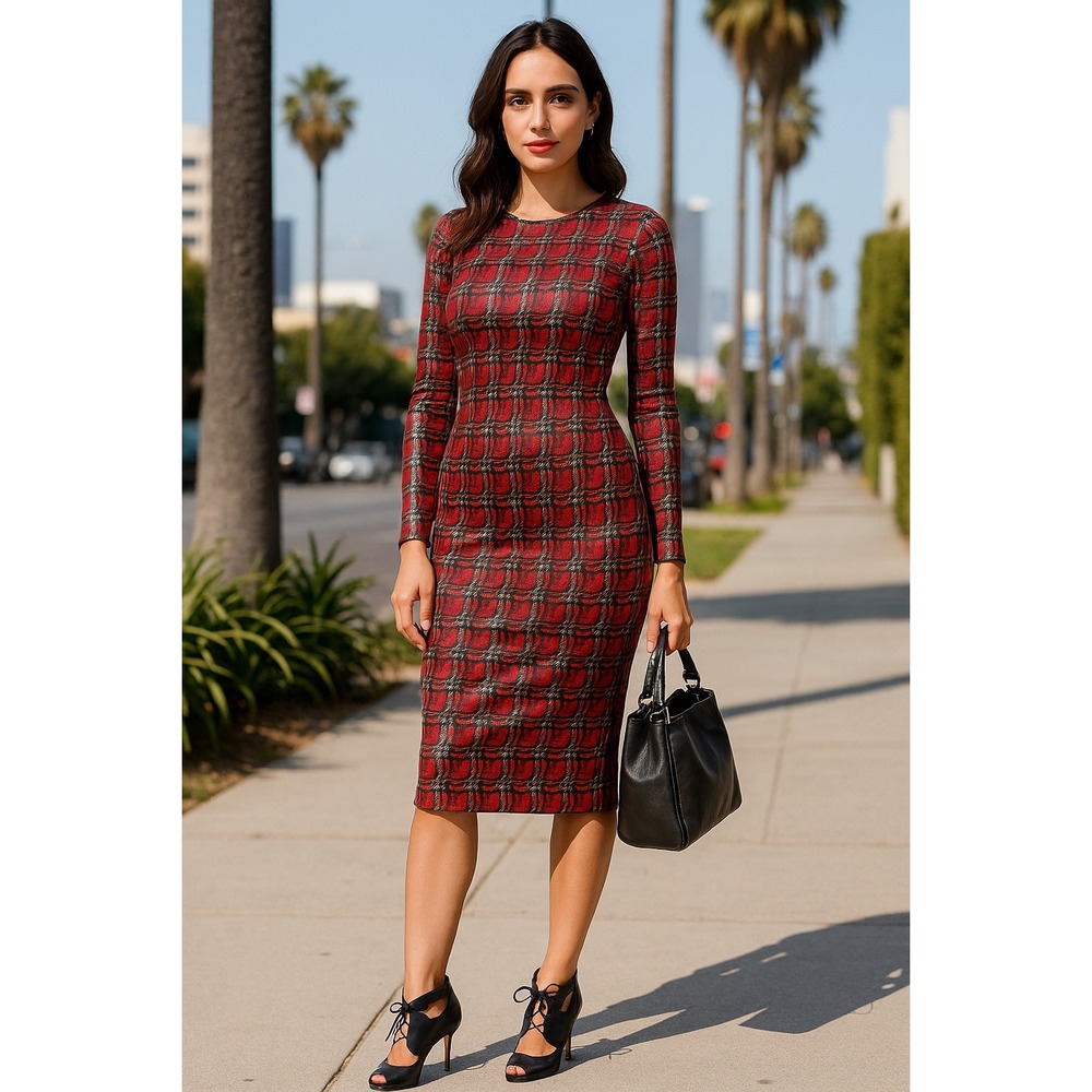 DVF Metallic Red Black Bodycon Dress Size 6‎